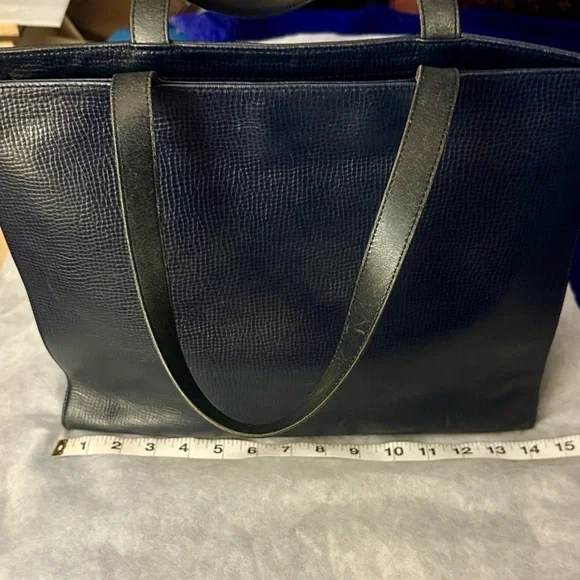 Authentic Vintage Christian Dior Leather Navy Blue Tote with Gold Accent